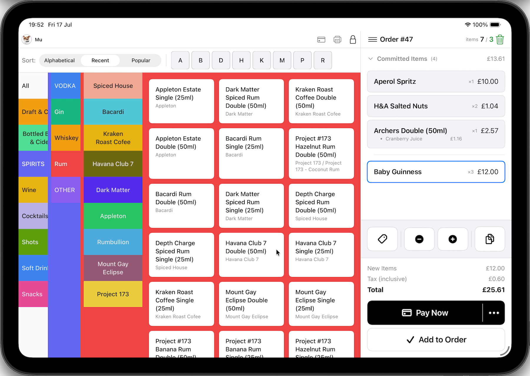 iOS till sales screen in HospIQ: colour-coded sales groups grid, alphabet quick-filter and the current order