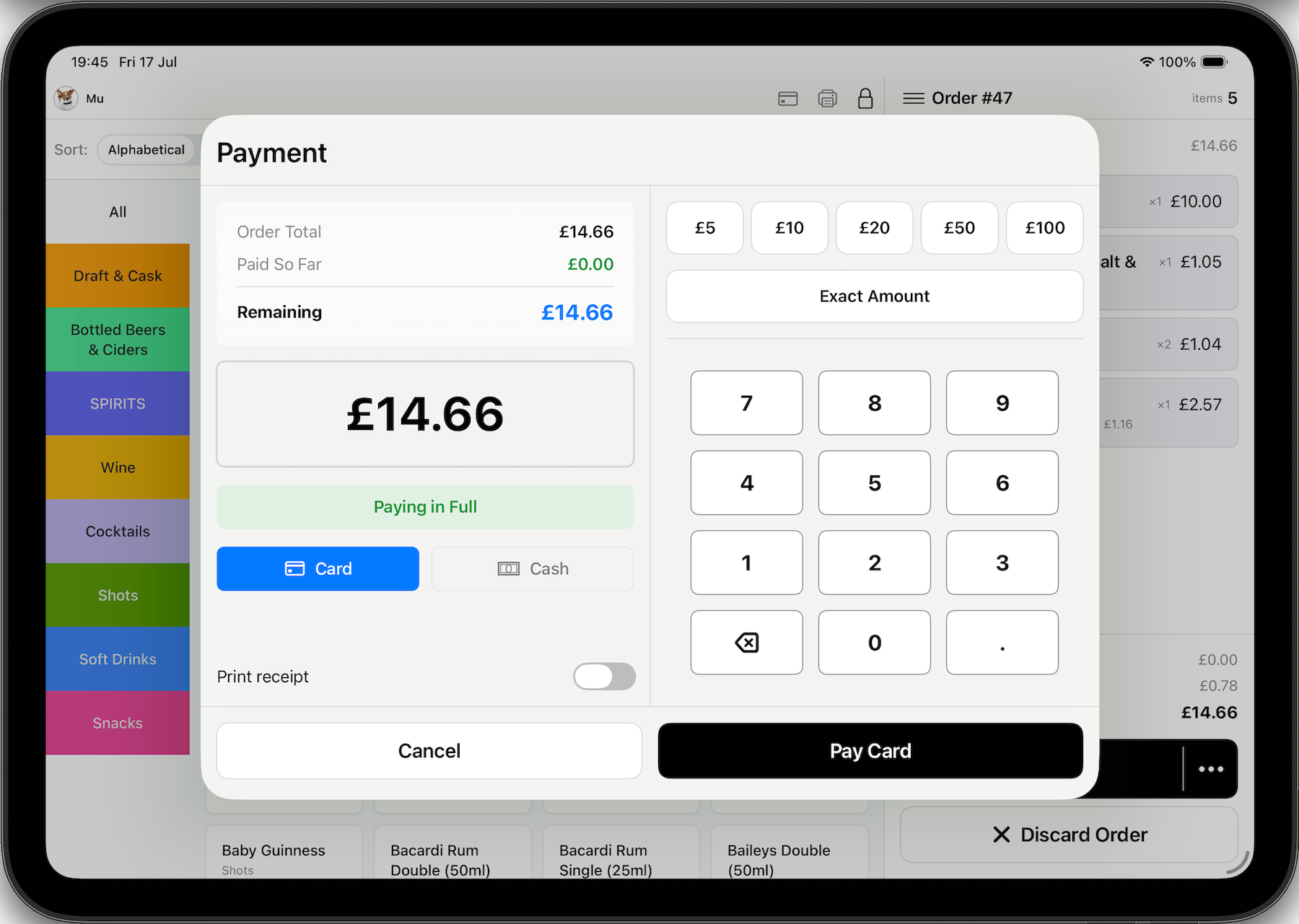 Teya card payment in progress on the HospIQ till: payment sheet with amount and tip step