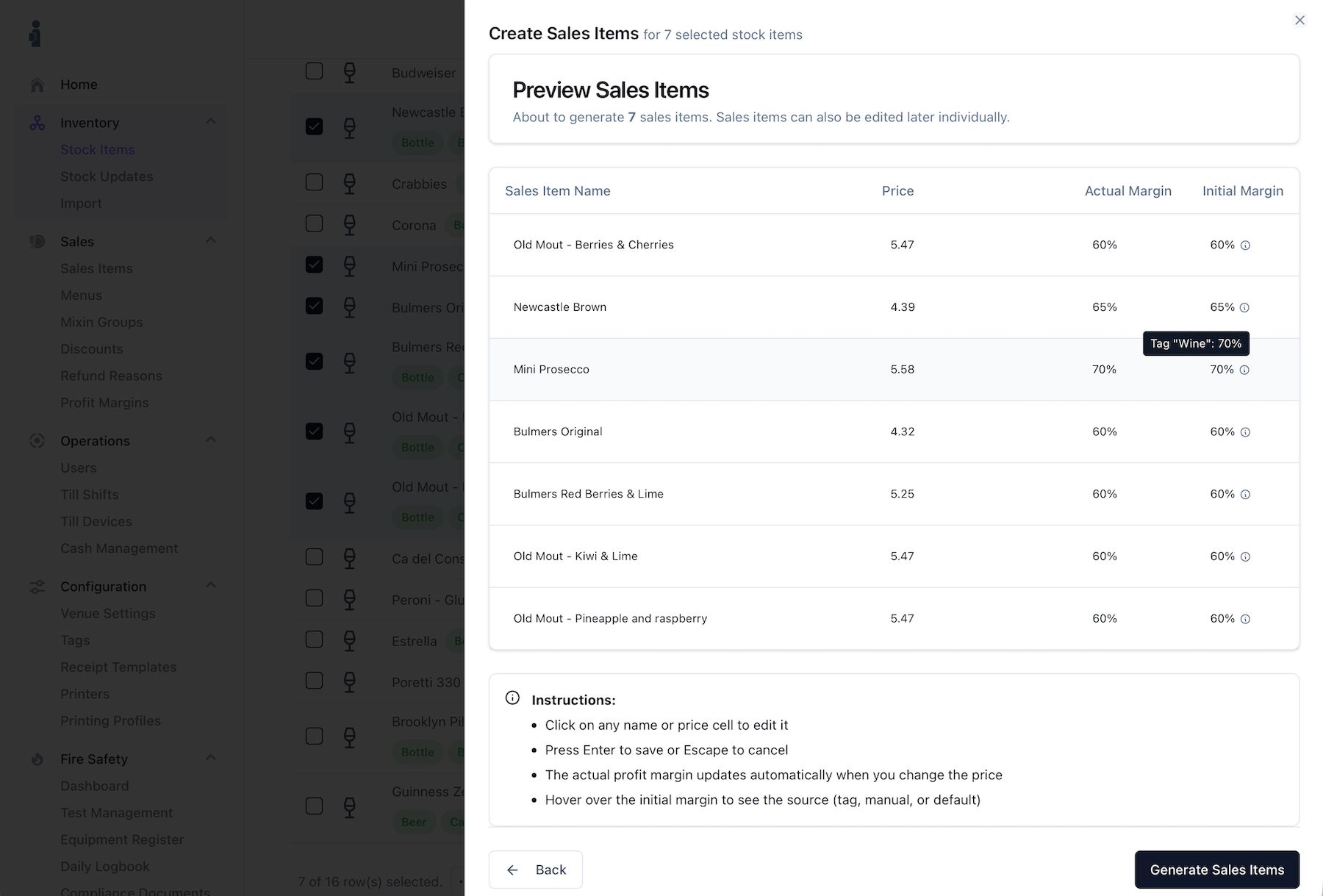 Sales Items Wizard in the HospIQ dashboard: composing a sales item from stock ingredients with a live profit-margin hint