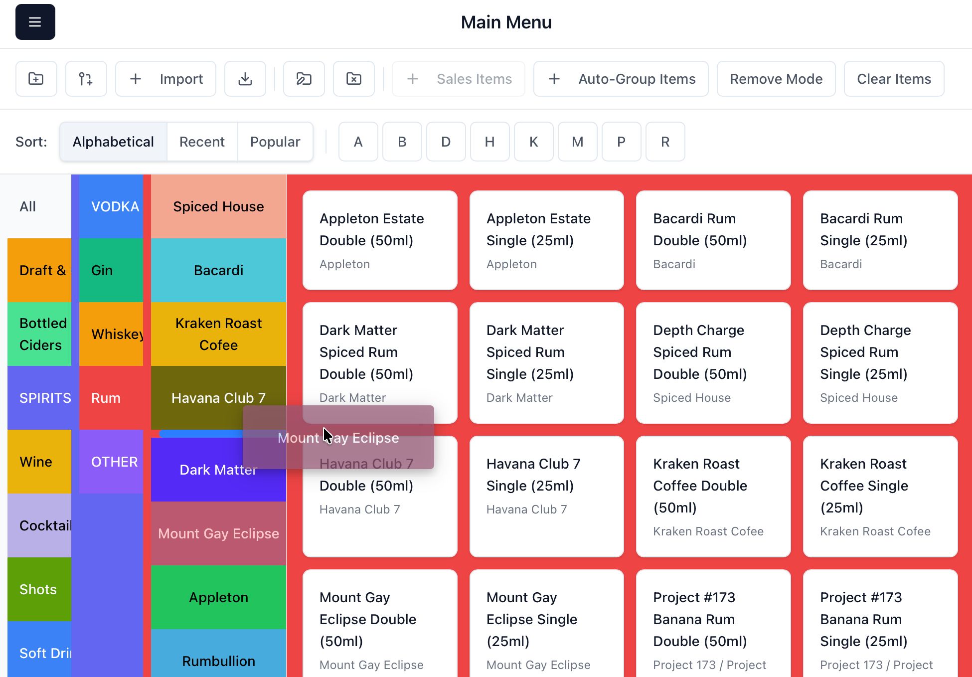 Menu builder in the HospIQ dashboard: auto-grouped sales items alongside the live till preview