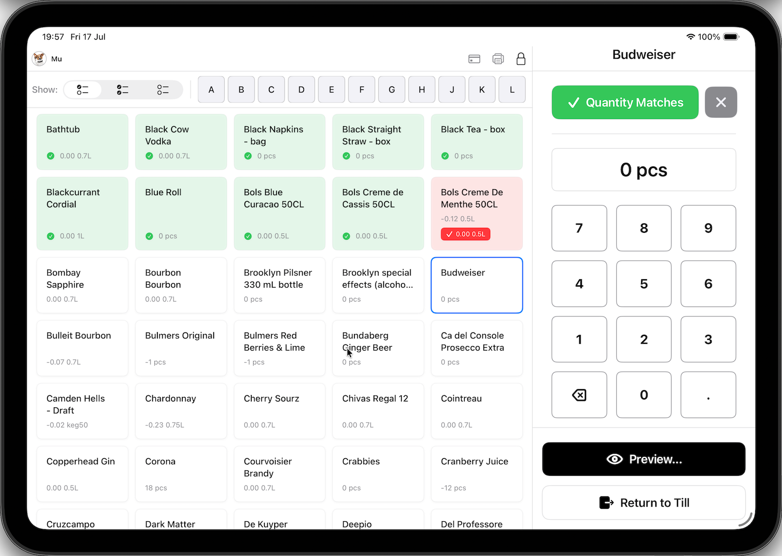 Mobile stocktaking on the HospIQ iOS device: grid-based count entry with the preview and summary step
