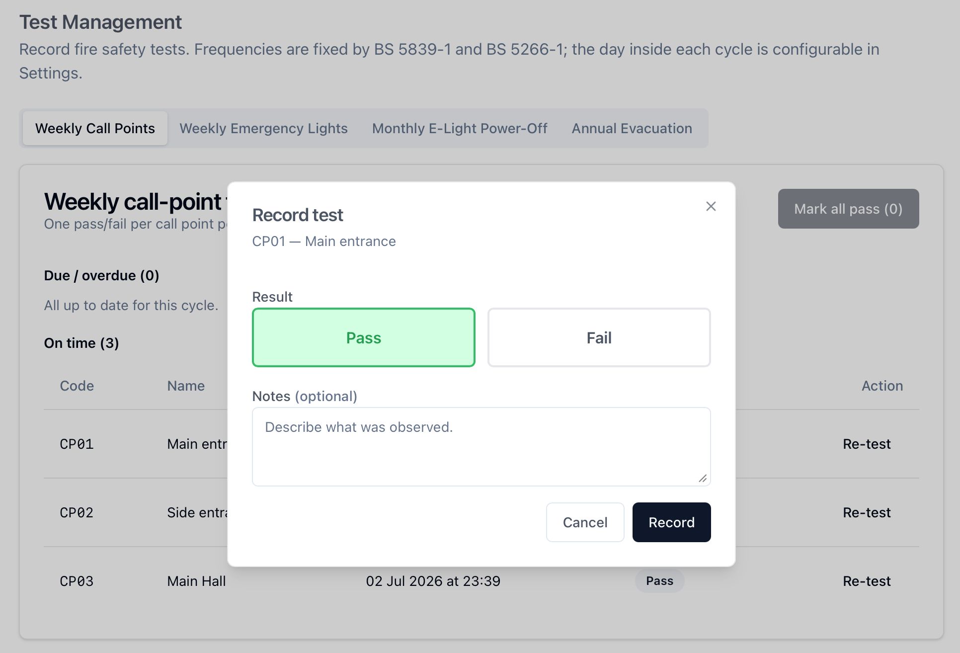 Logging a weekly alarm test in HospIQ: test-entry form with the call-point register and pass/fail selection